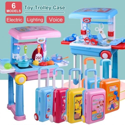 Kids Kitchen Set Kitchen Set for Kids Girls Big Cooking Set Light and Sound Portable Trolley Pretend Play Toys Battery Operated Pink C